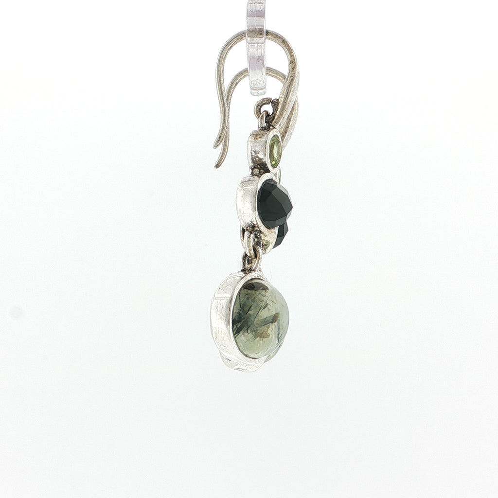 Triple Stone Rutilated Quartz, Onyx, and Peridot Silver Dangle Earrings