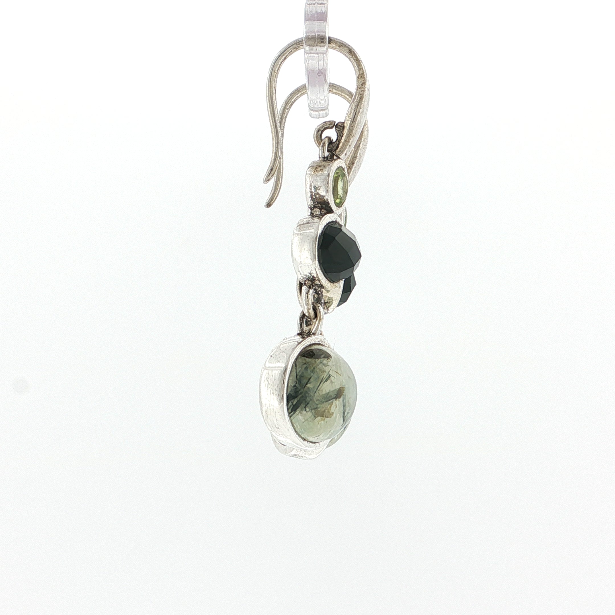 Triple Stone Rutilated Quartz, Onyx, and Peridot Silver Dangle Earrings