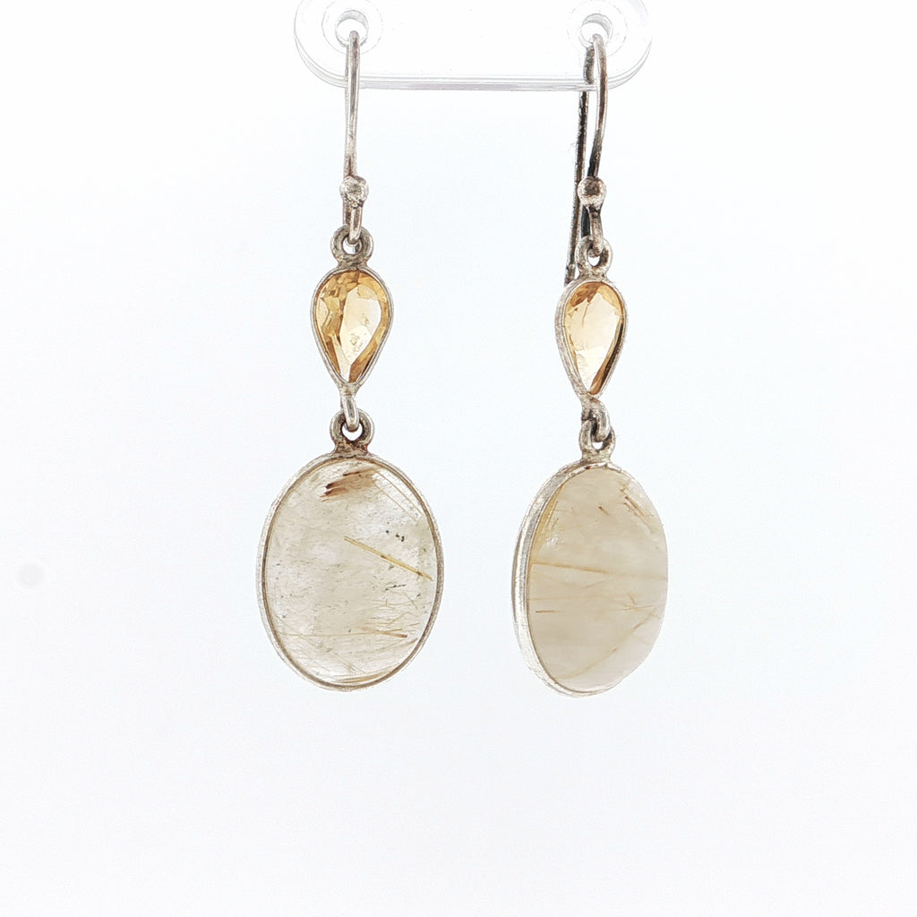Rutilated Quartz and Citrine Silver Dangle Earrings