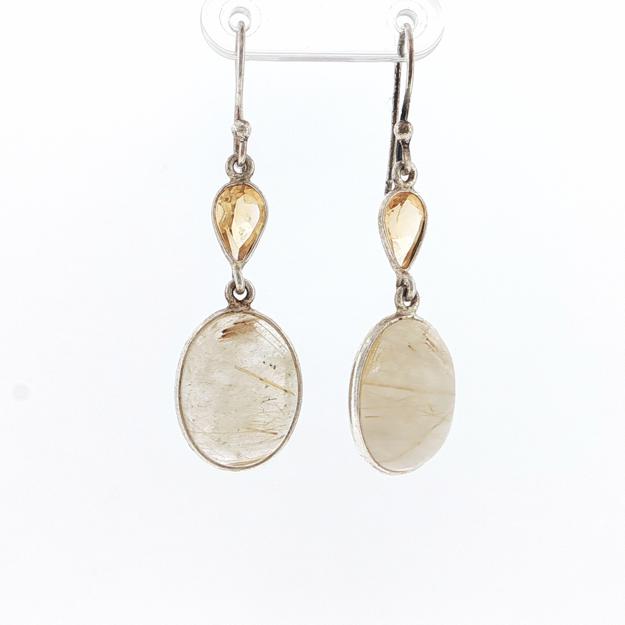 Rutilated Quartz and Citrine Silver Dangle Earrings
