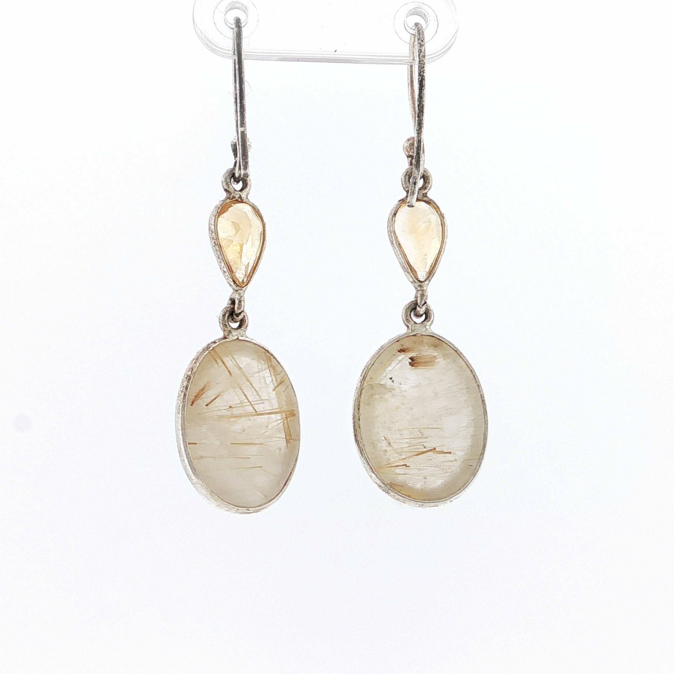 Rutilated Quartz and Citrine Silver Dangle Earrings