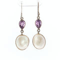Oval Pearl and Pear-Cut Amethyst Silver Drop Earrings