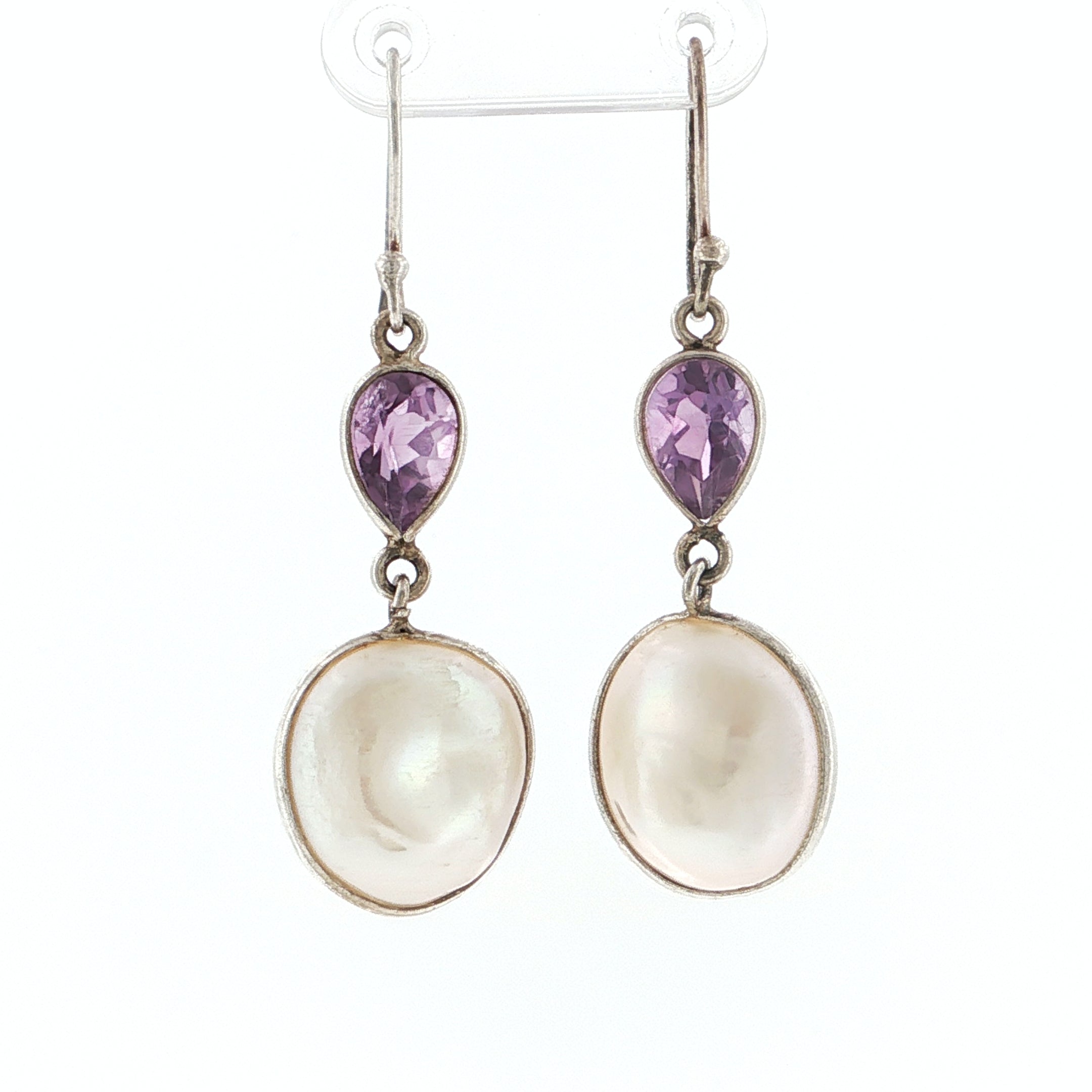 Oval Pearl and Pear-Cut Amethyst Silver Drop Earrings