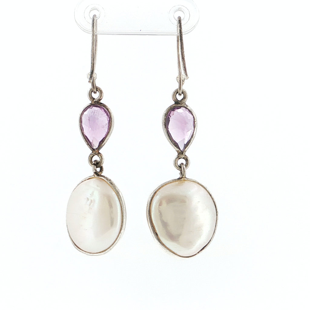 Oval Pearl and Pear-Cut Amethyst Silver Drop Earrings