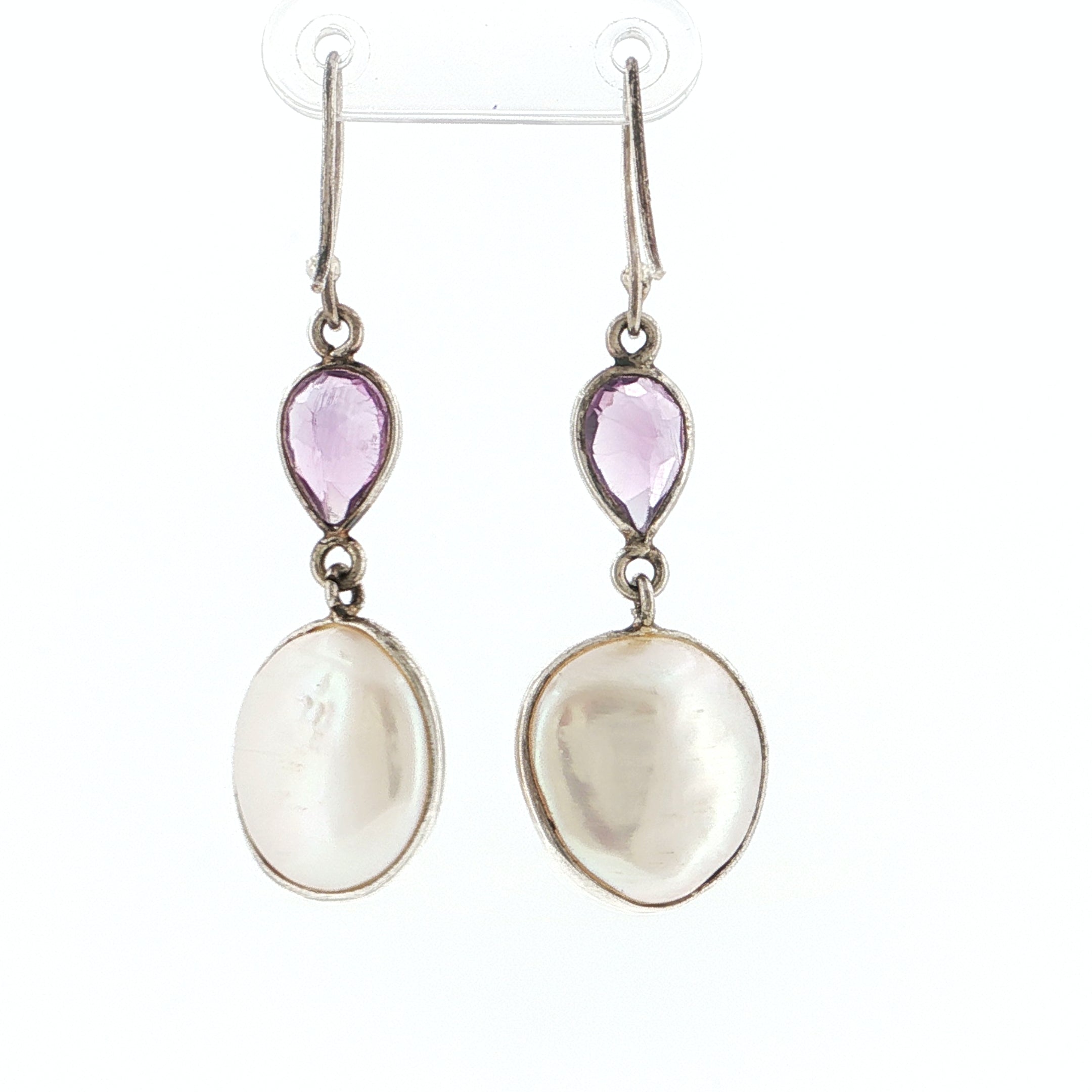 Oval Pearl and Pear-Cut Amethyst Silver Drop Earrings
