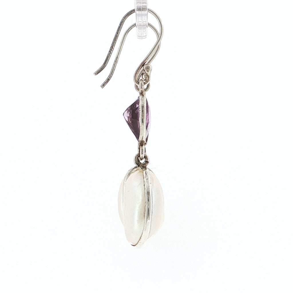 Oval Pearl and Pear-Cut Amethyst Silver Drop Earrings