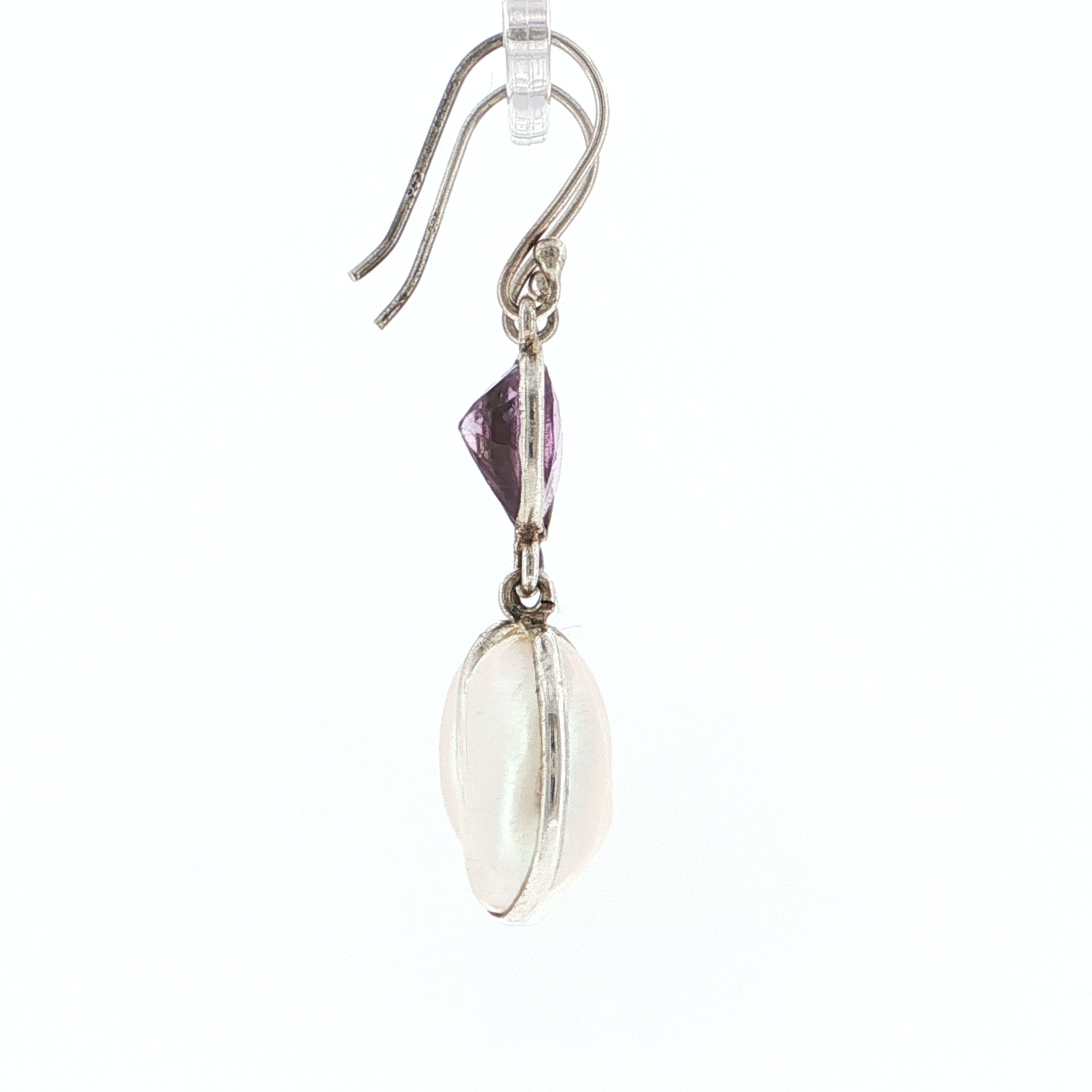 Oval Pearl and Pear-Cut Amethyst Silver Drop Earrings