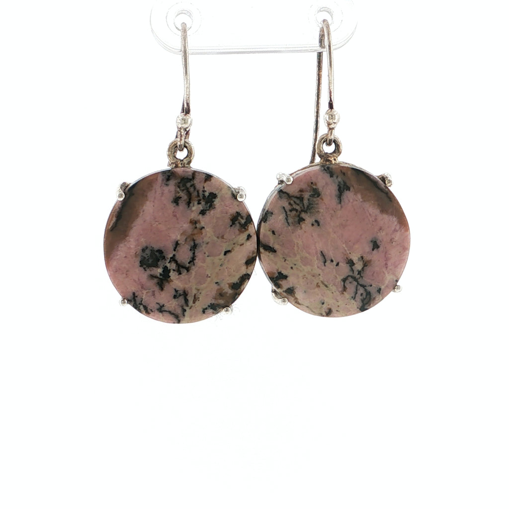 Round Rhodonite Quartz Sterling Silver Cabochon Drop Earrings