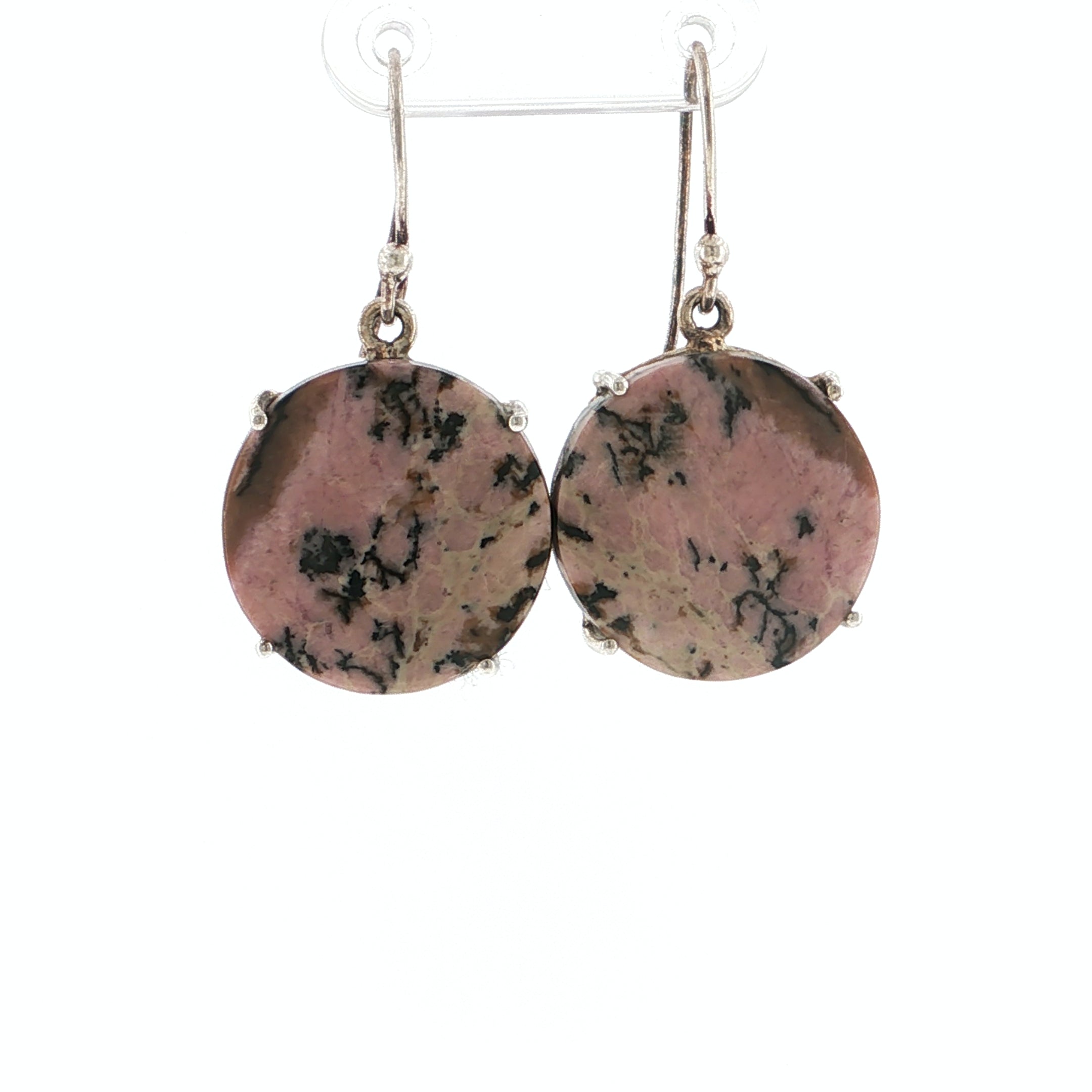 Round Rhodonite Quartz Sterling Silver Cabochon Drop Earrings