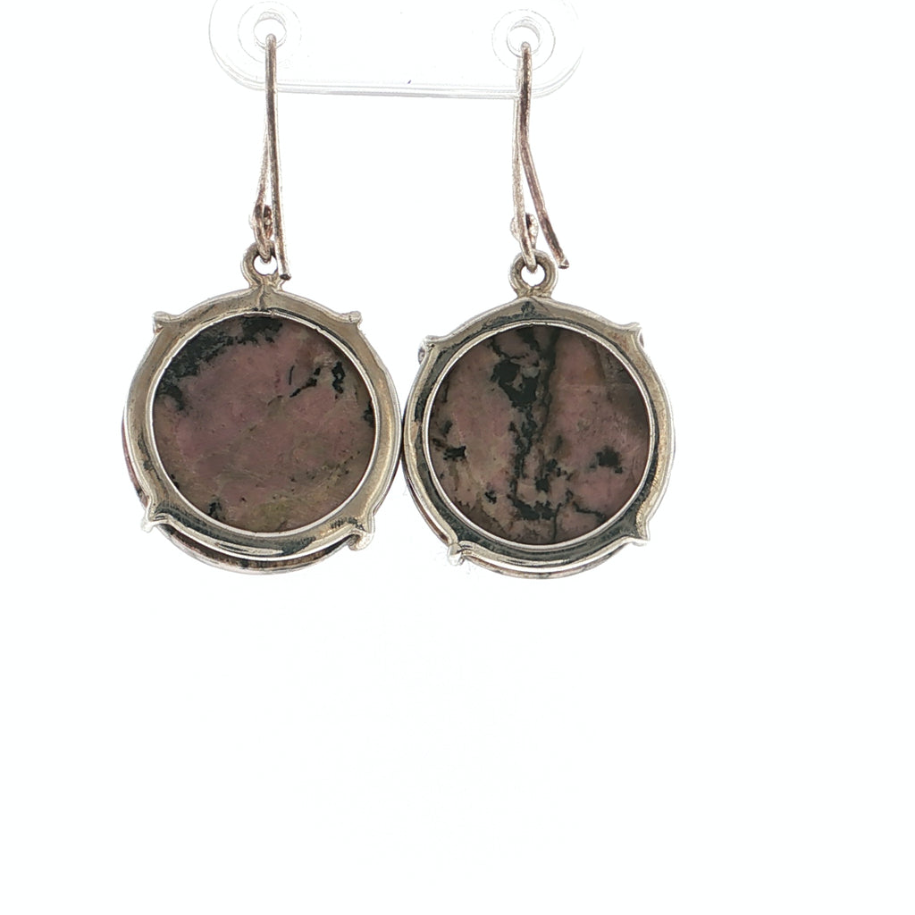Round Rhodonite Quartz Sterling Silver Cabochon Drop Earrings
