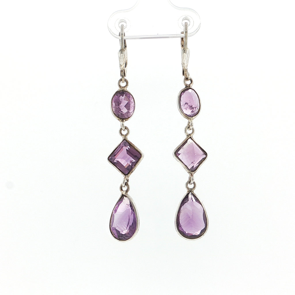 Sterling Silver Triple-Tiered Amethyst Dangle Earrings