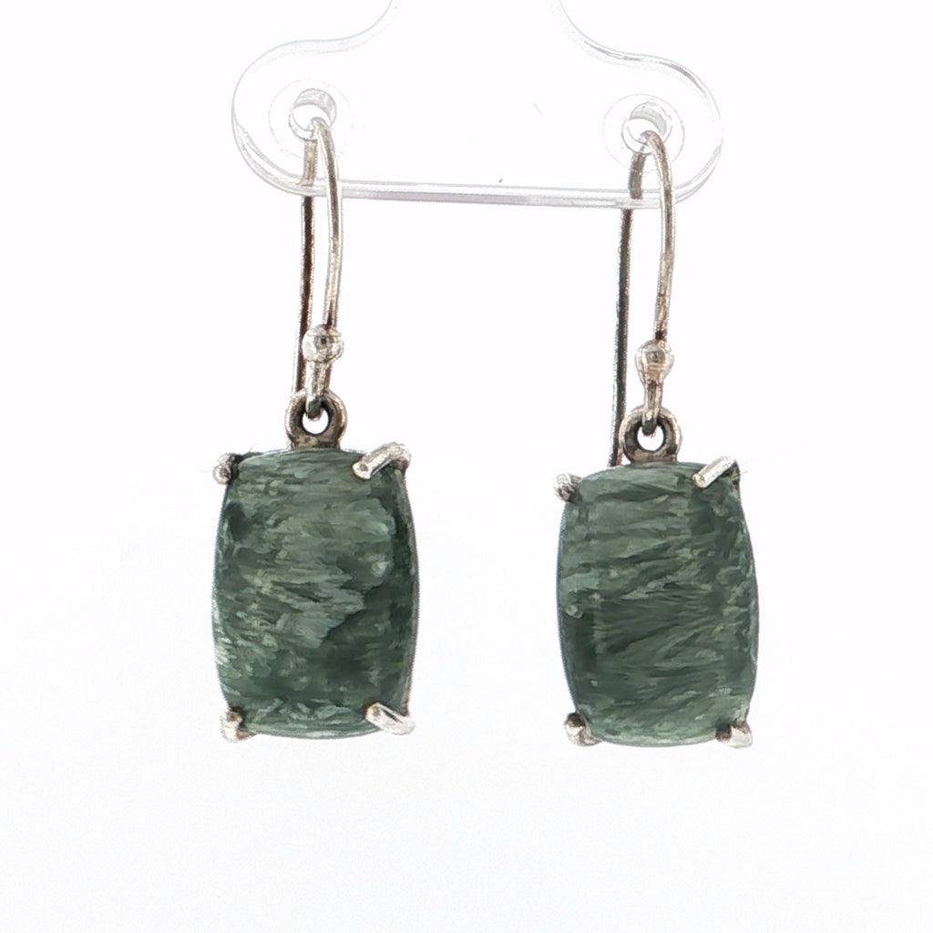 Cushion Cabochon Green Jade Silver Drop Earrings