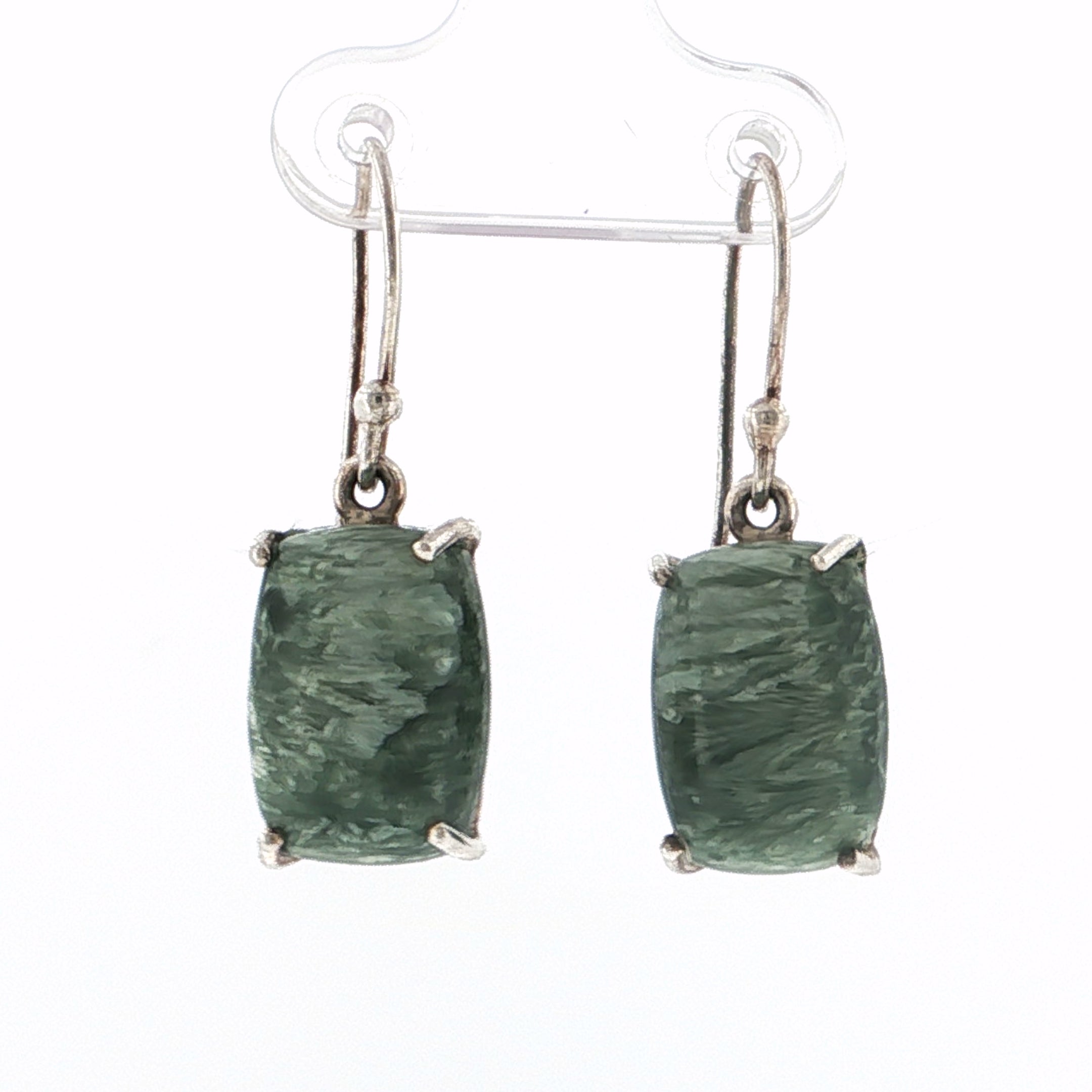 Cushion Cabochon Green Jade Silver Drop Earrings