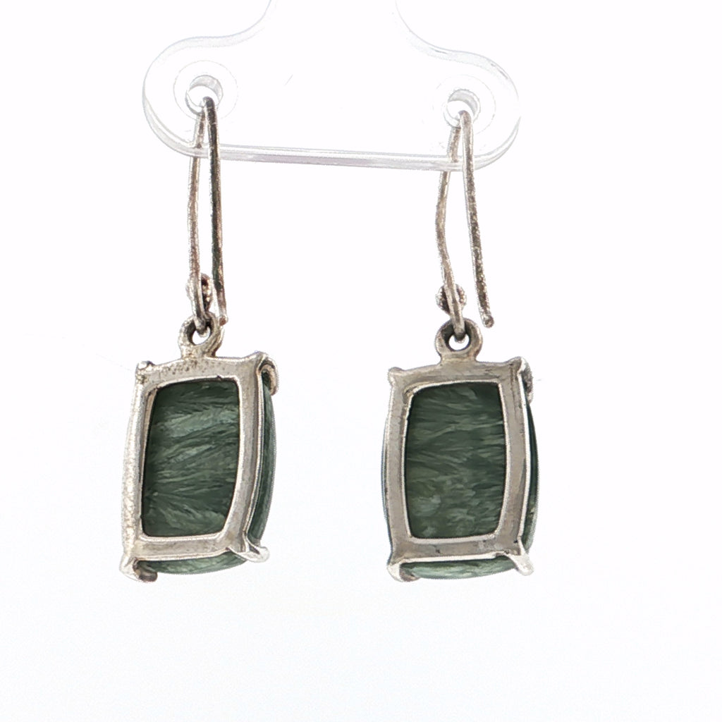 Cushion Cabochon Green Jade Silver Drop Earrings
