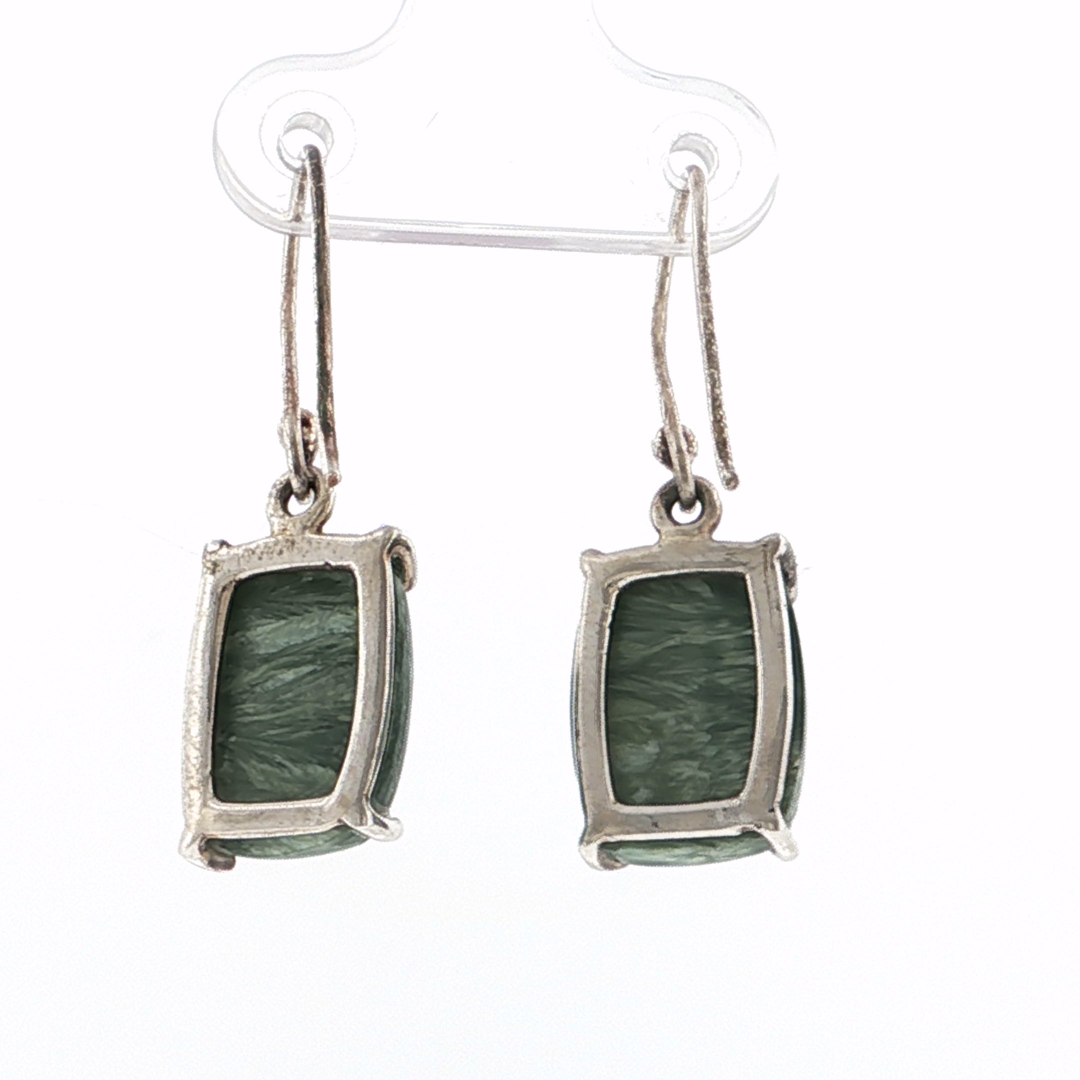 Cushion Cabochon Green Jade Silver Drop Earrings