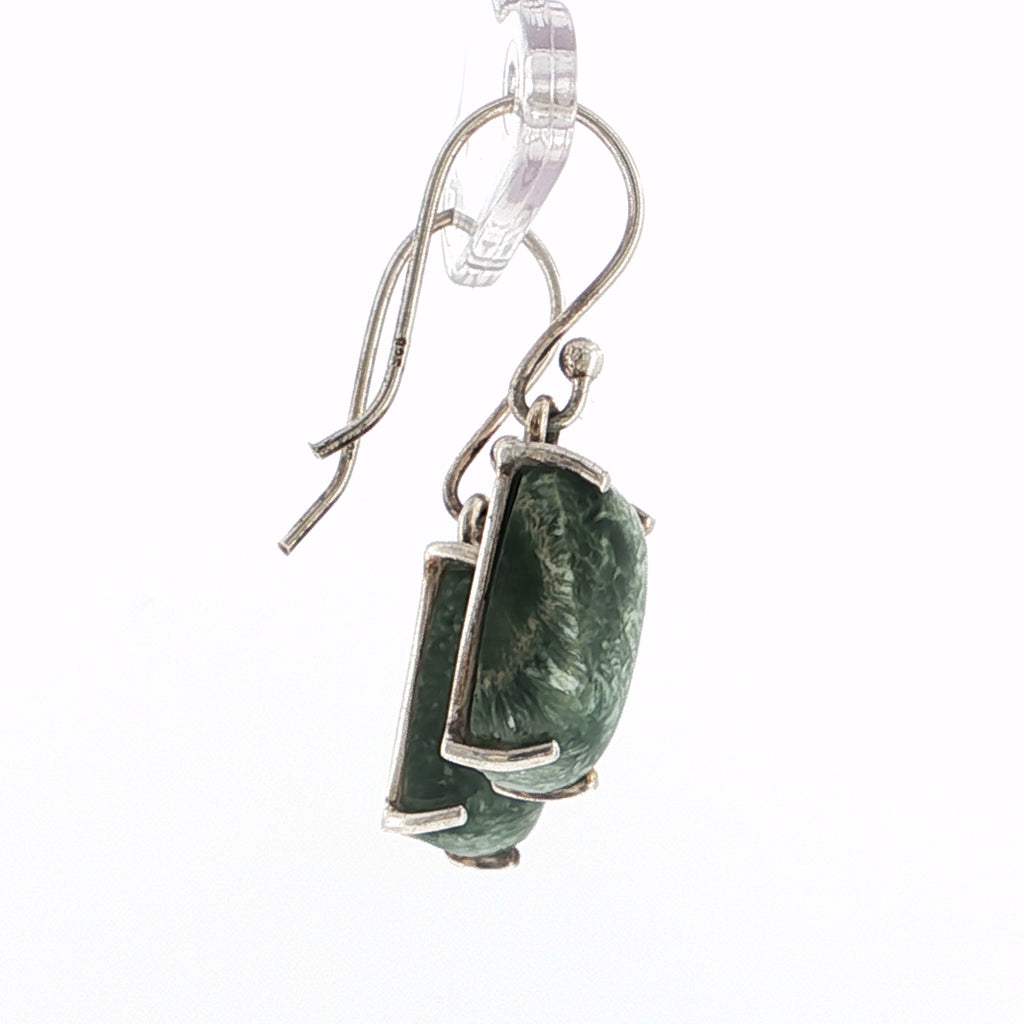 Cushion Cabochon Green Jade Silver Drop Earrings