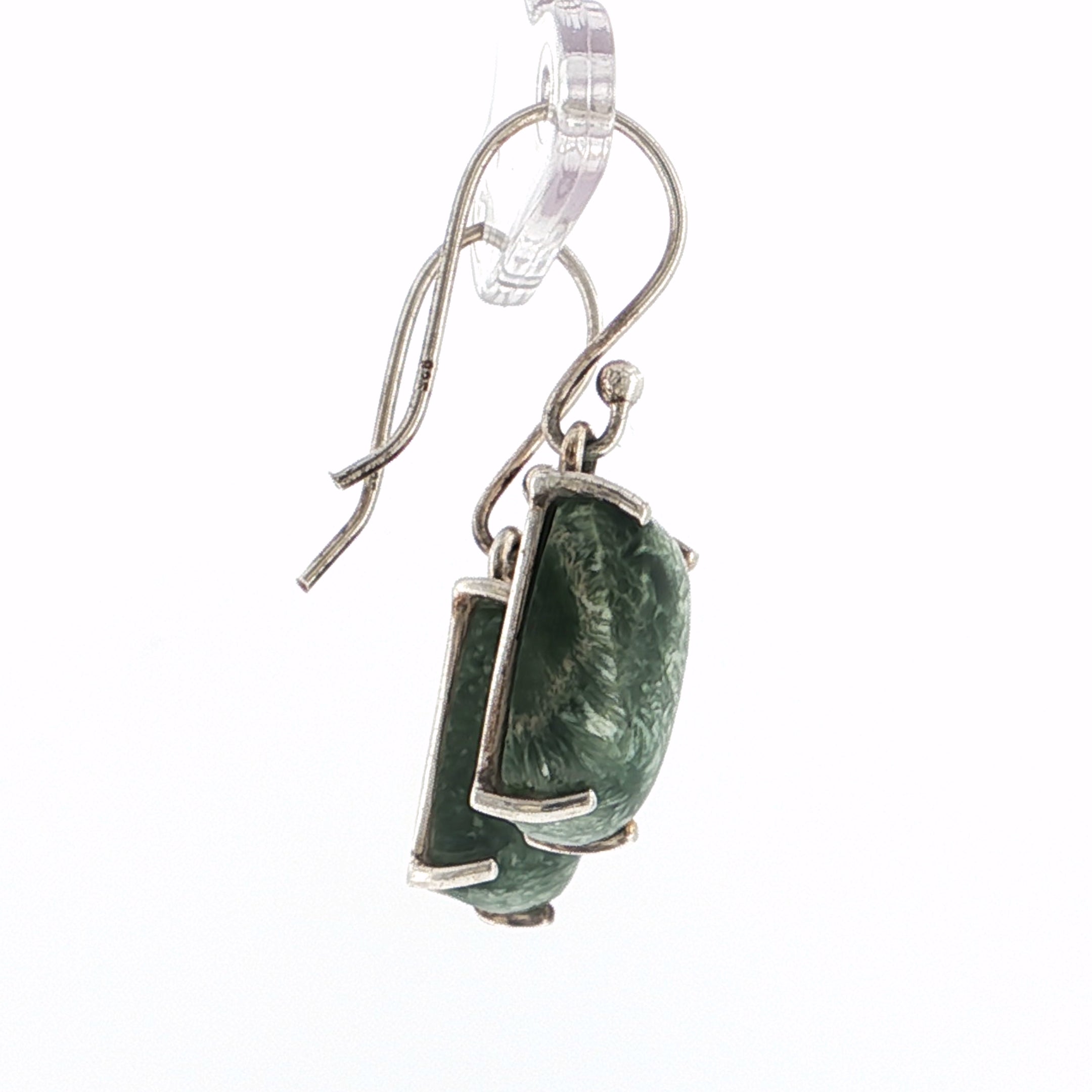 Cushion Cabochon Green Jade Silver Drop Earrings