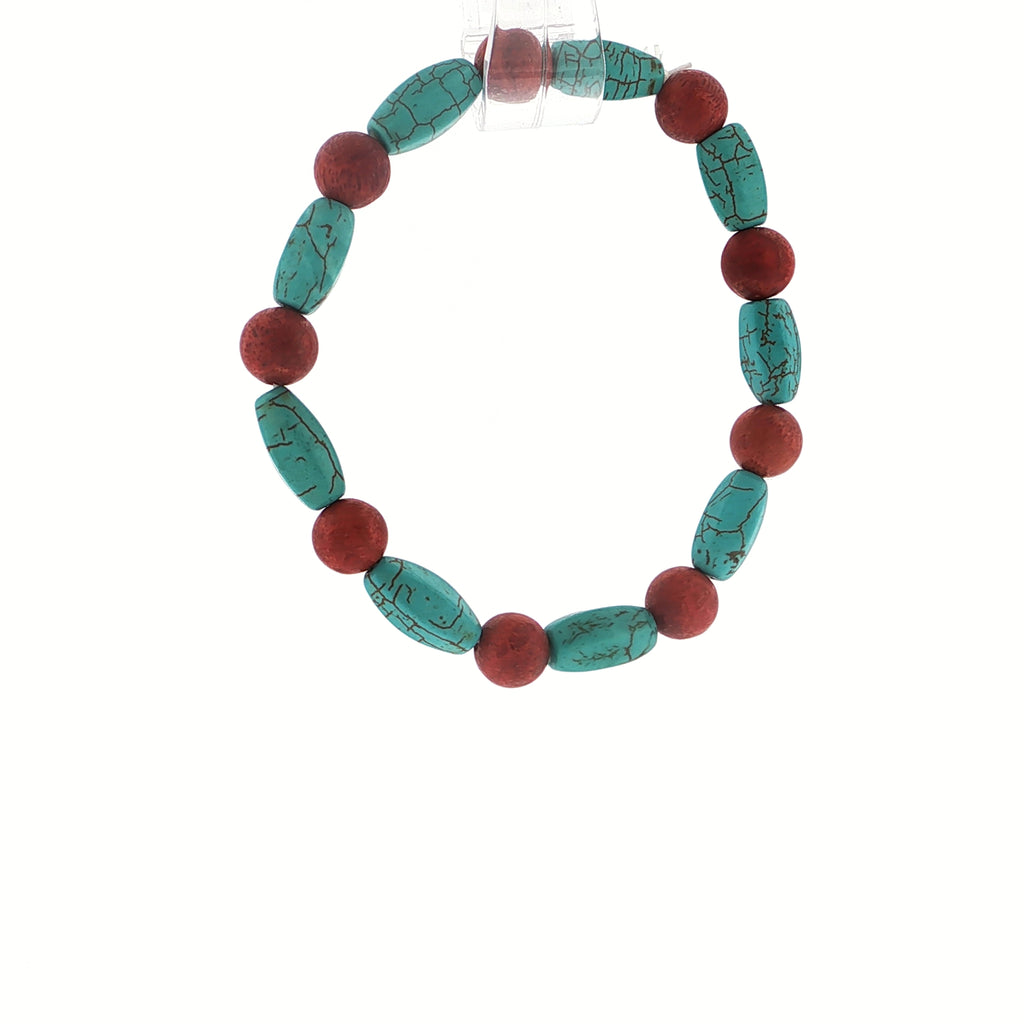 Oval Turquoise and Round Red Bead Stretch Bracelet