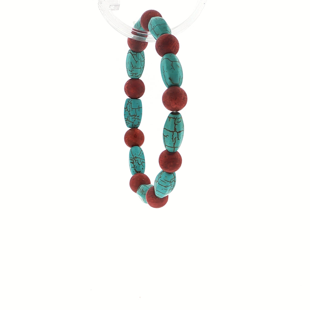 Oval Turquoise and Round Red Bead Stretch Bracelet