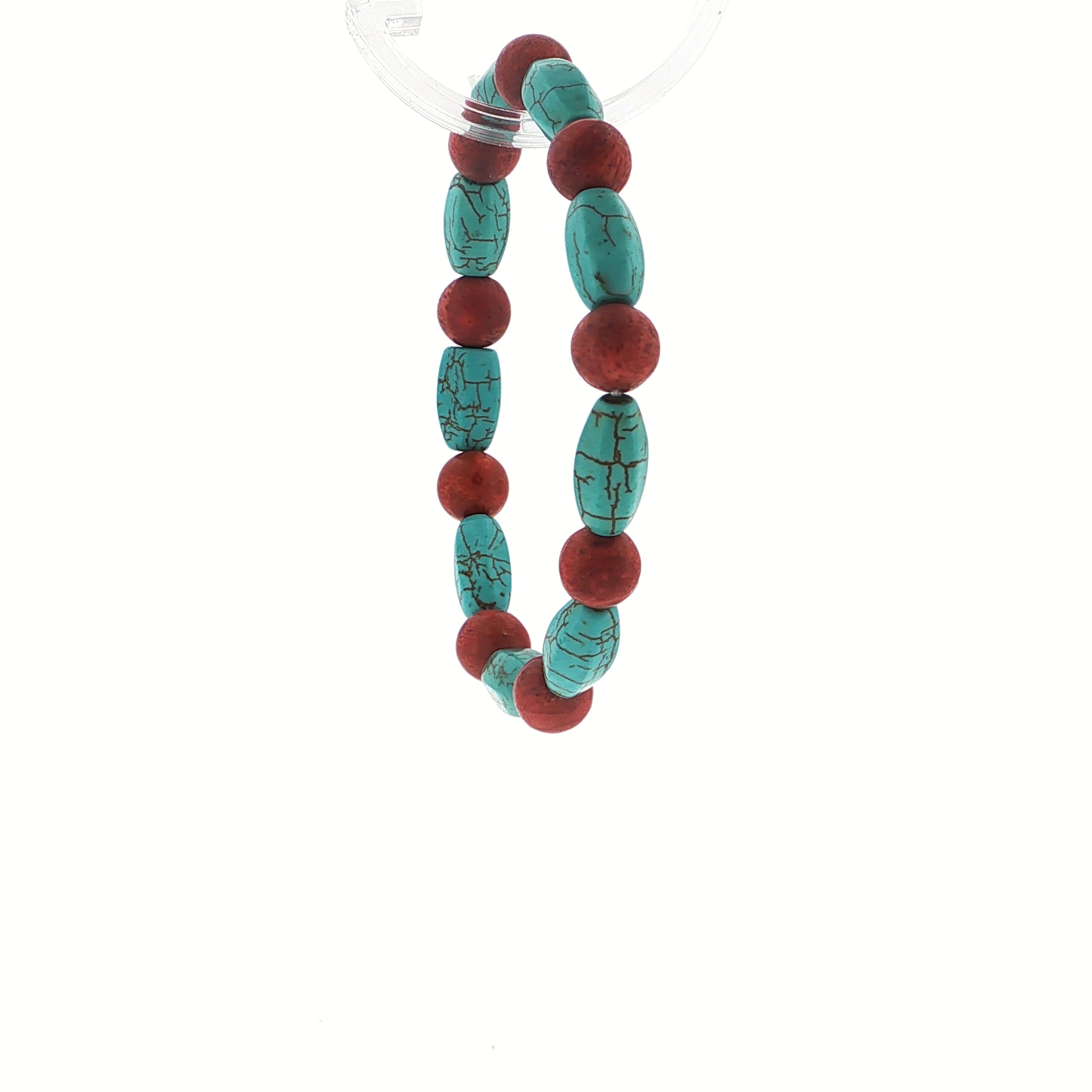 Oval Turquoise and Round Red Bead Stretch Bracelet