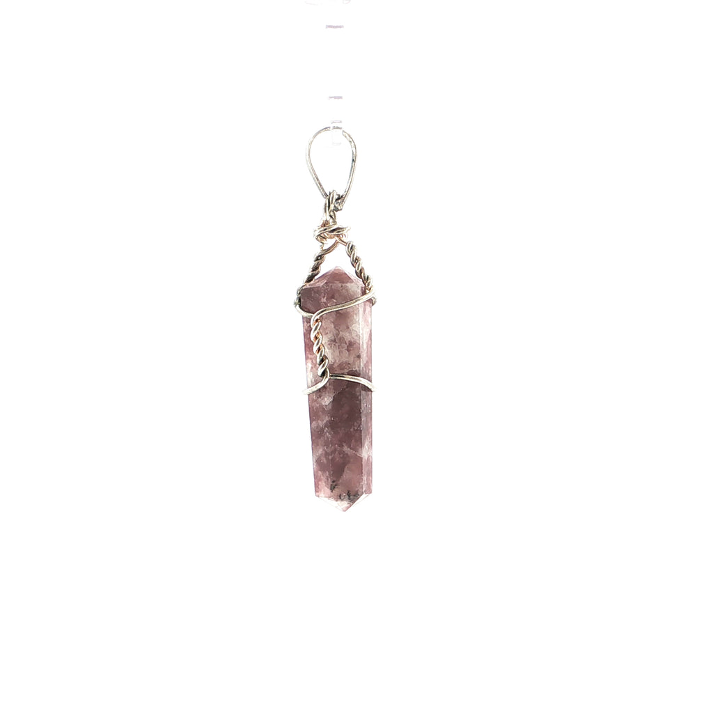 Wire-Wrapped Hexagonal Lepidolite Crystal Pendant in Silver