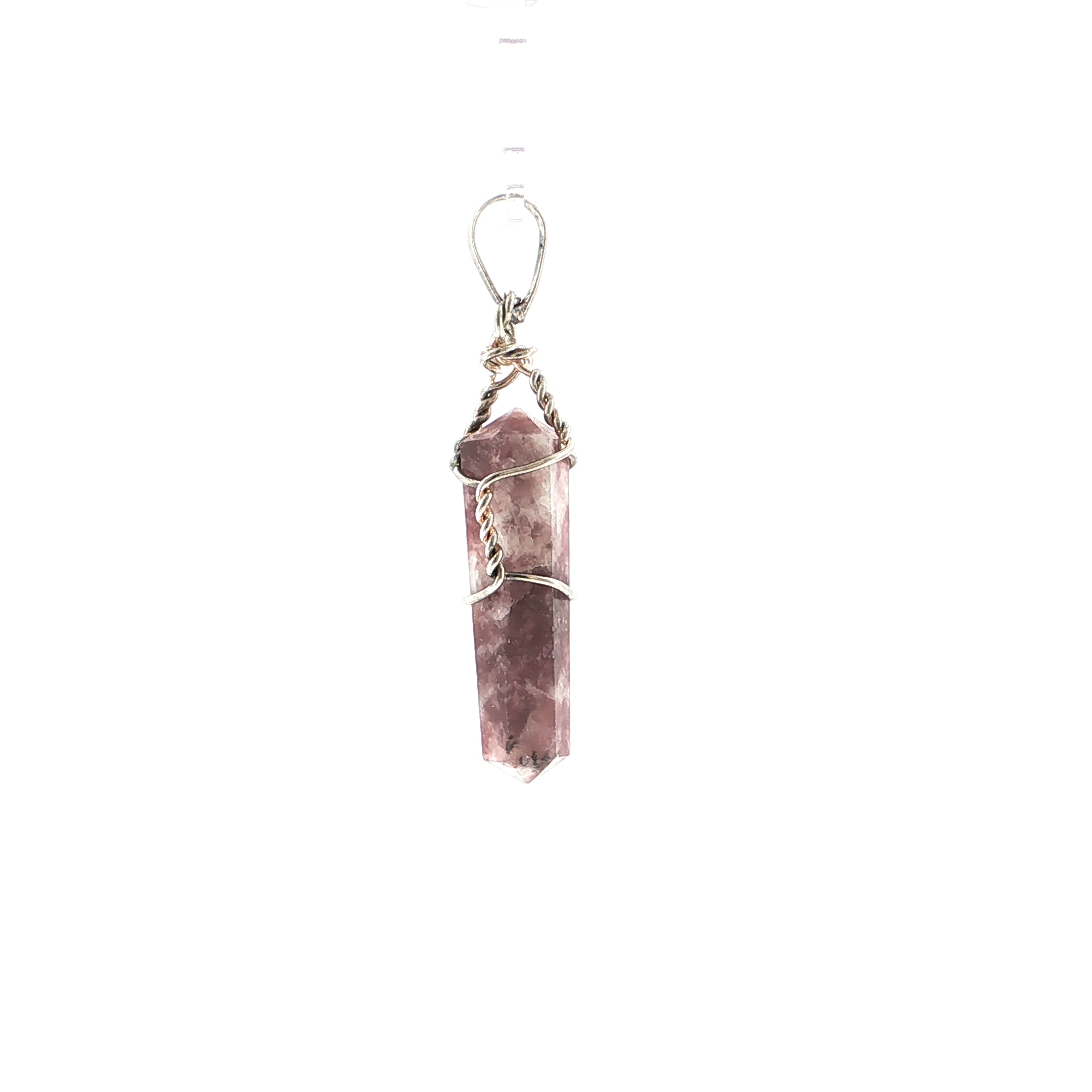 Wire-Wrapped Hexagonal Lepidolite Crystal Pendant in Silver