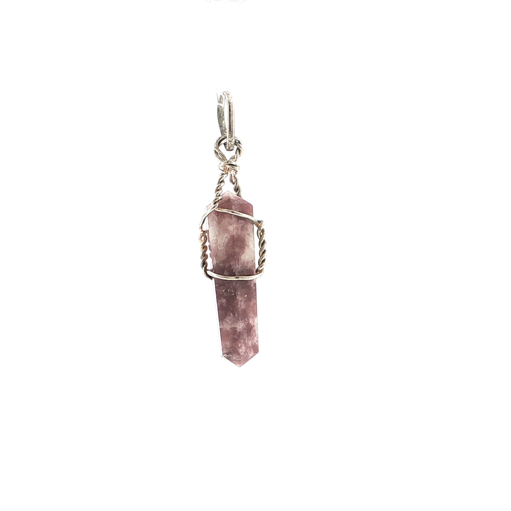Wire-Wrapped Hexagonal Lepidolite Crystal Pendant in Silver