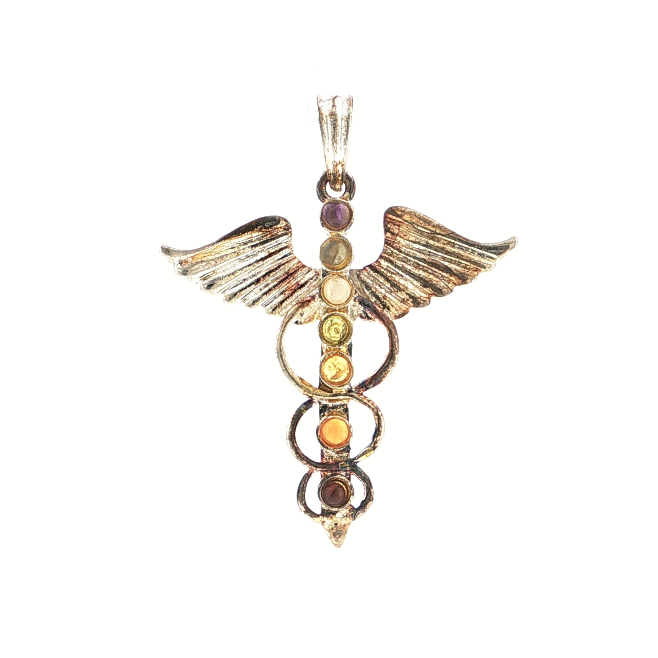 Sterling Silver Chakra Caduceus Medical Symbol Gemstone Pendant