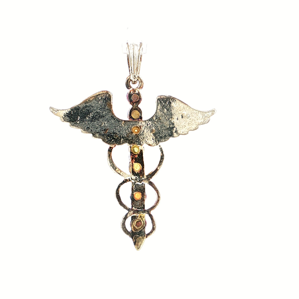 Sterling Silver Chakra Caduceus Medical Symbol Gemstone Pendant