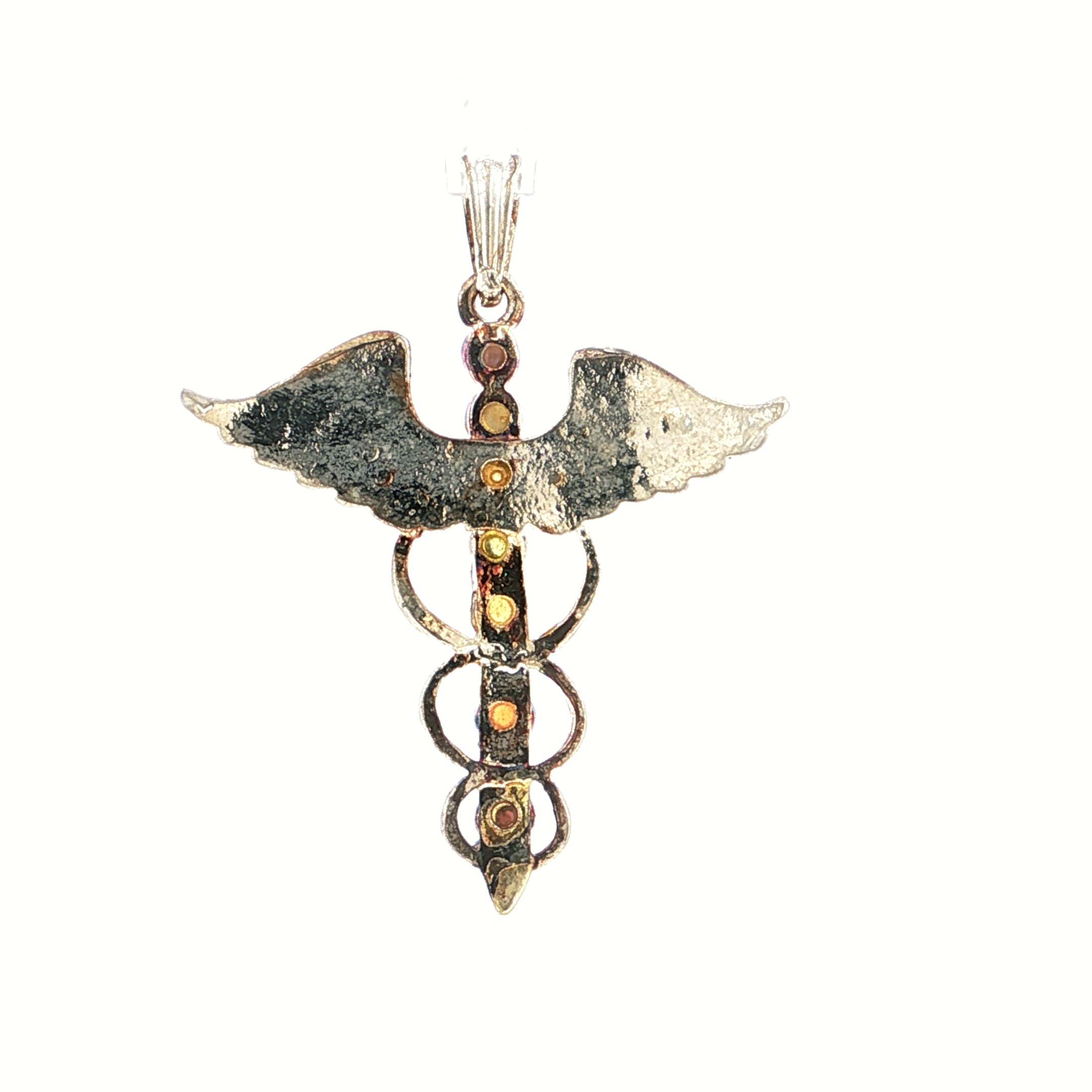 Sterling Silver Chakra Caduceus Medical Symbol Gemstone Pendant