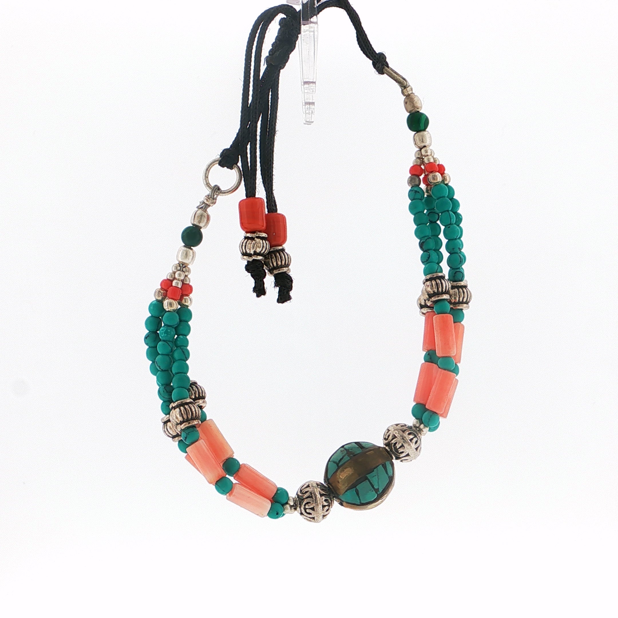 Handcrafted Multi-Strand Turquoise and Coral Beaded Bracelet with Silver-Tone Accents
