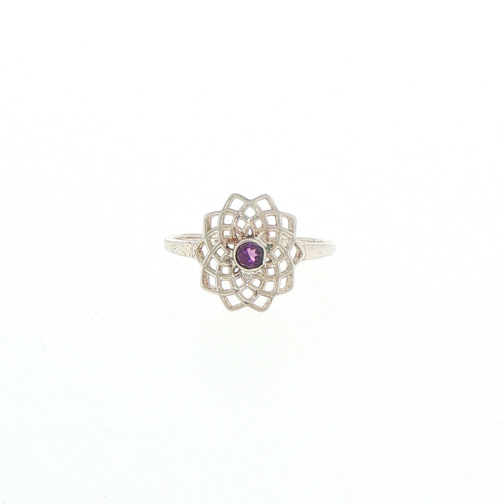 Silver Openwork Mandala Cocktail Ring with Amethyst