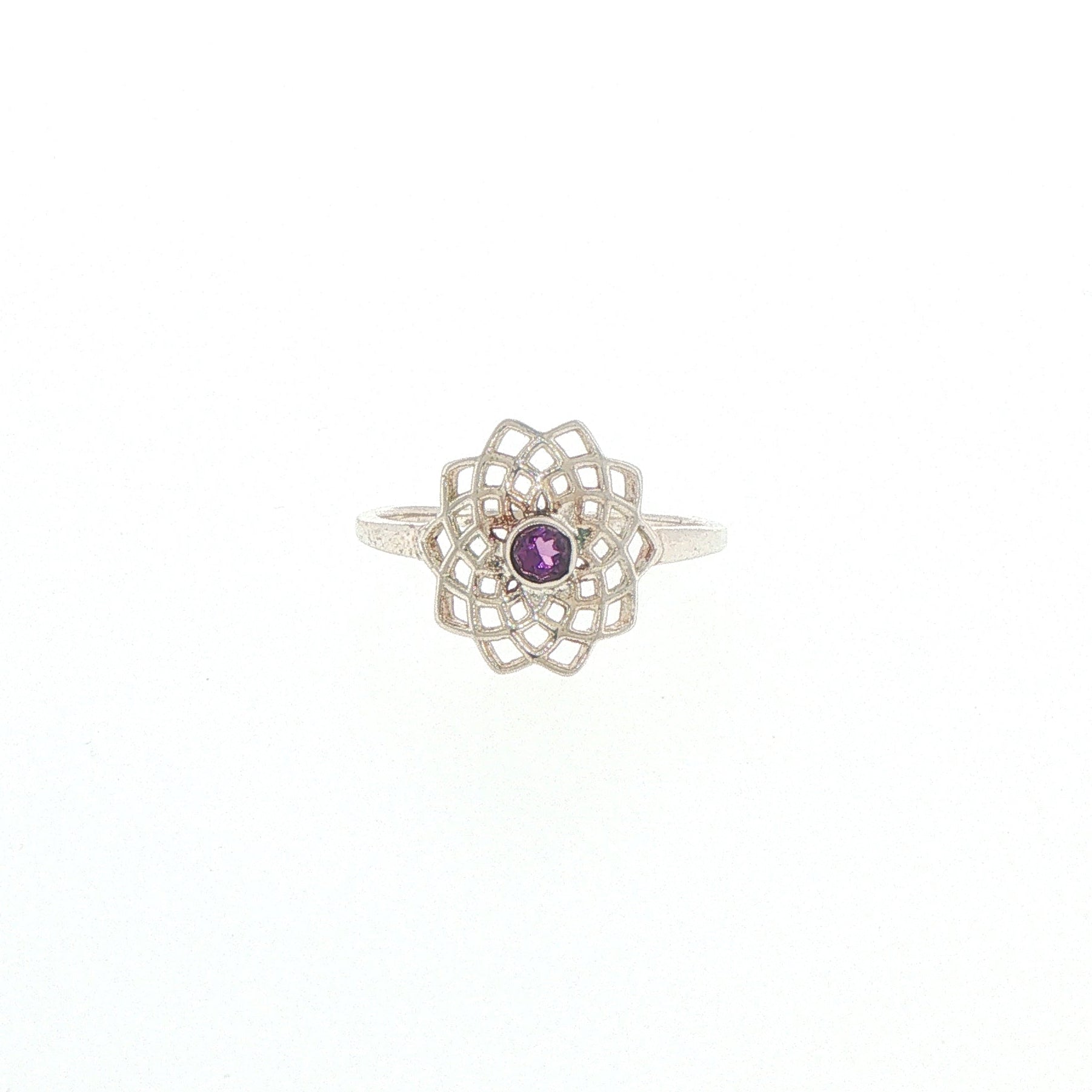 Silver Openwork Mandala Cocktail Ring with Amethyst