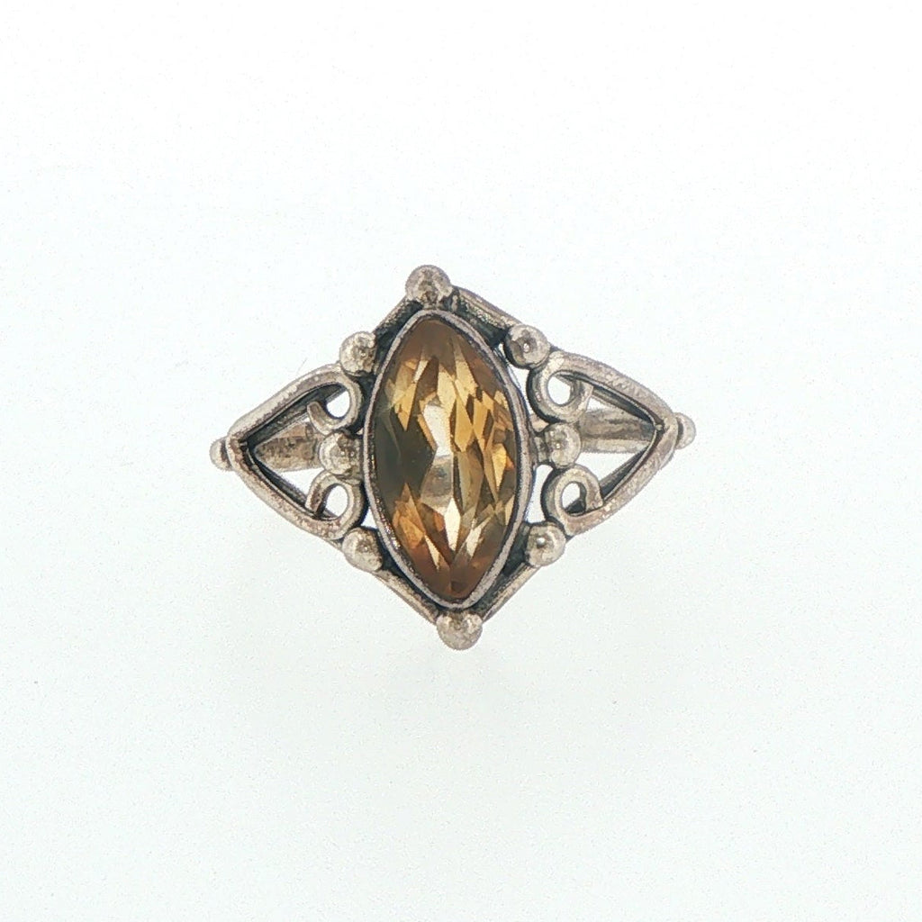 Vintage Style Marquise Citrine Filigree Cocktail Ring in Silver