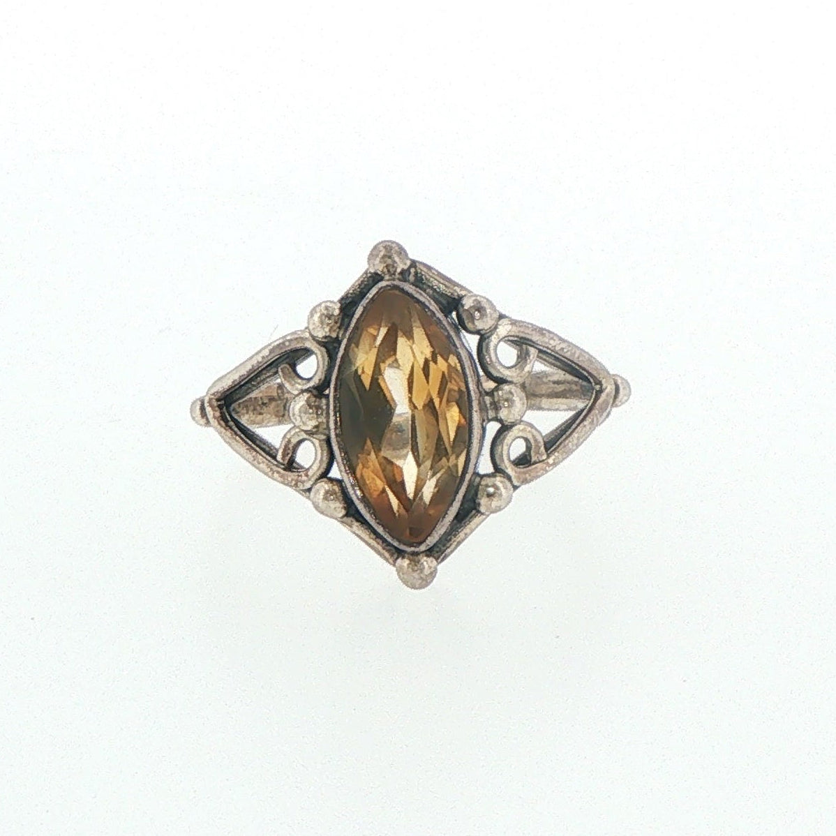 Vintage Style Marquise Citrine Filigree Cocktail Ring in Silver
