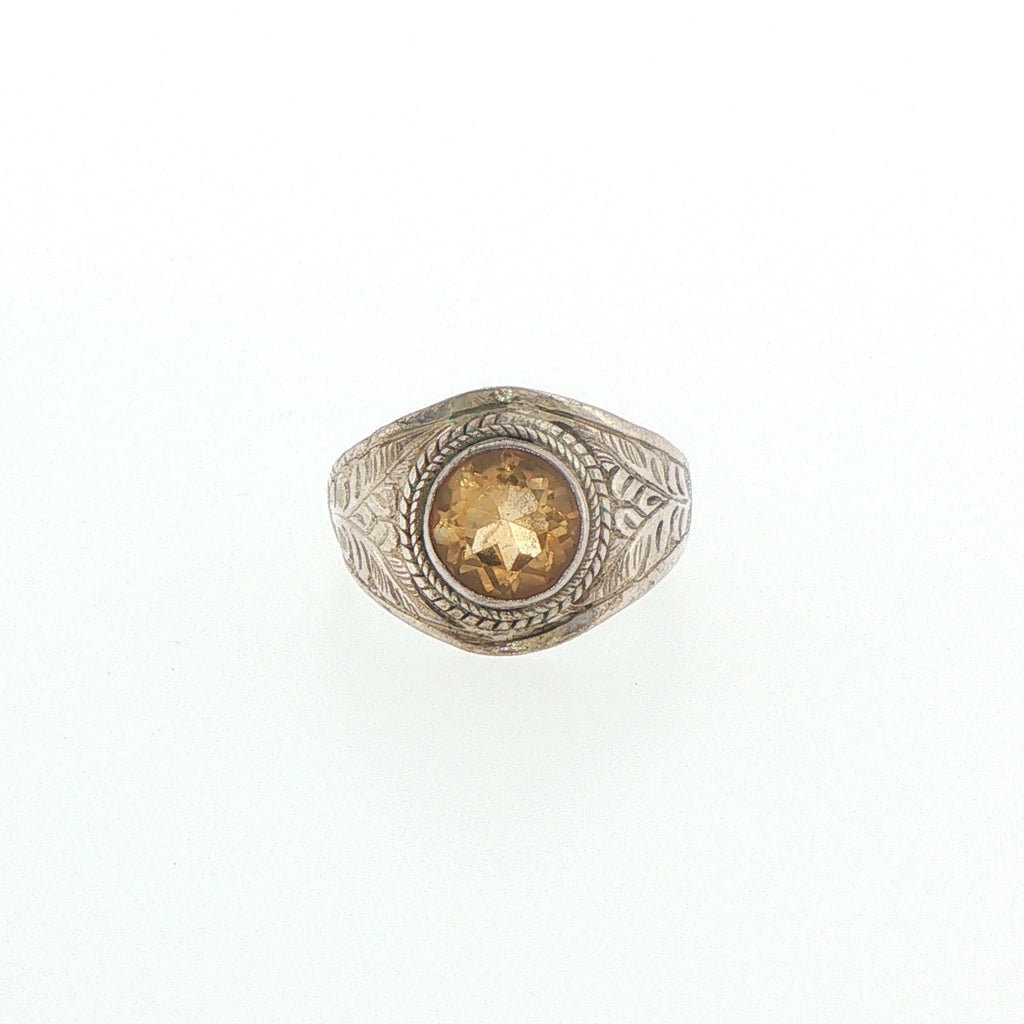 Vintage-Inspired Engraved Silver Citrine Signet Ring