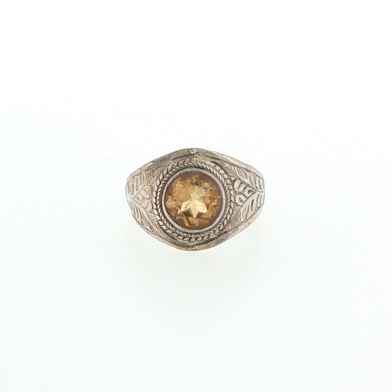 Vintage-Inspired Engraved Silver Citrine Signet Ring