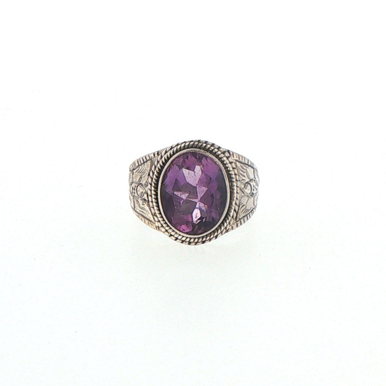Engraved Silver Signet Ring with Oval Amethyst