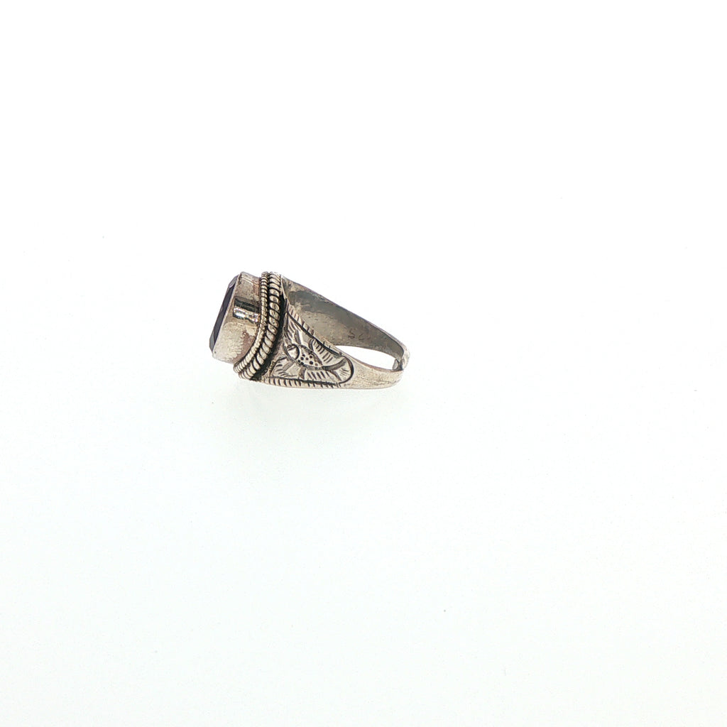 Engraved Silver Signet Ring with Oval Amethyst