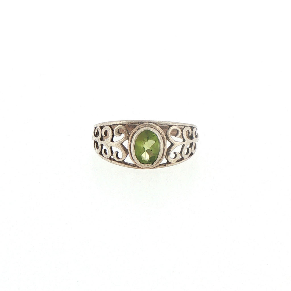 Vintage-Style Silver Peridot Scrollwork Solitaire Ring