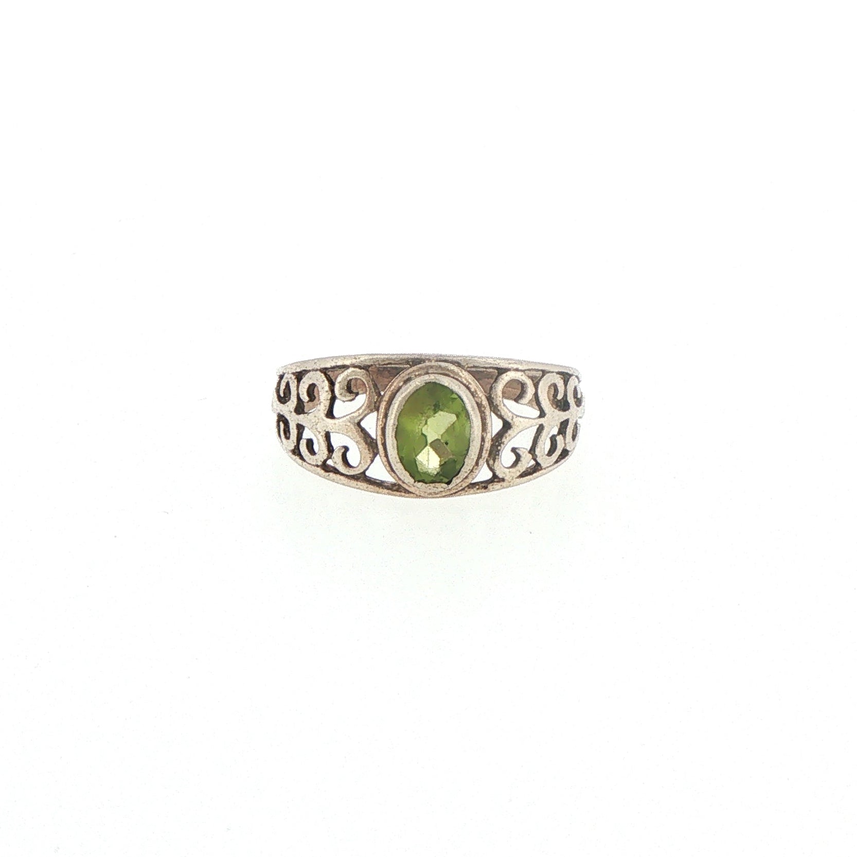 Vintage-Style Silver Peridot Scrollwork Solitaire Ring