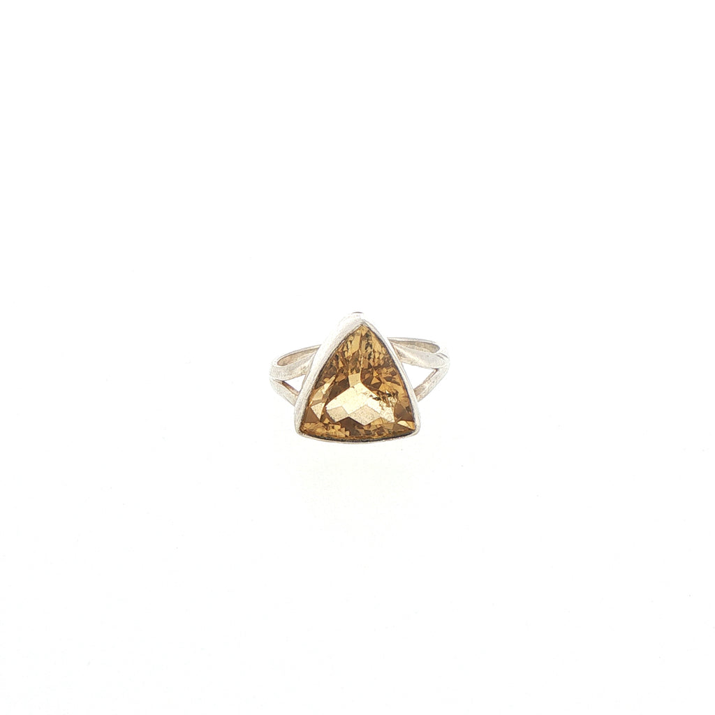 Trillion Cut Citrine Split Shank Solitaire Ring in Silver