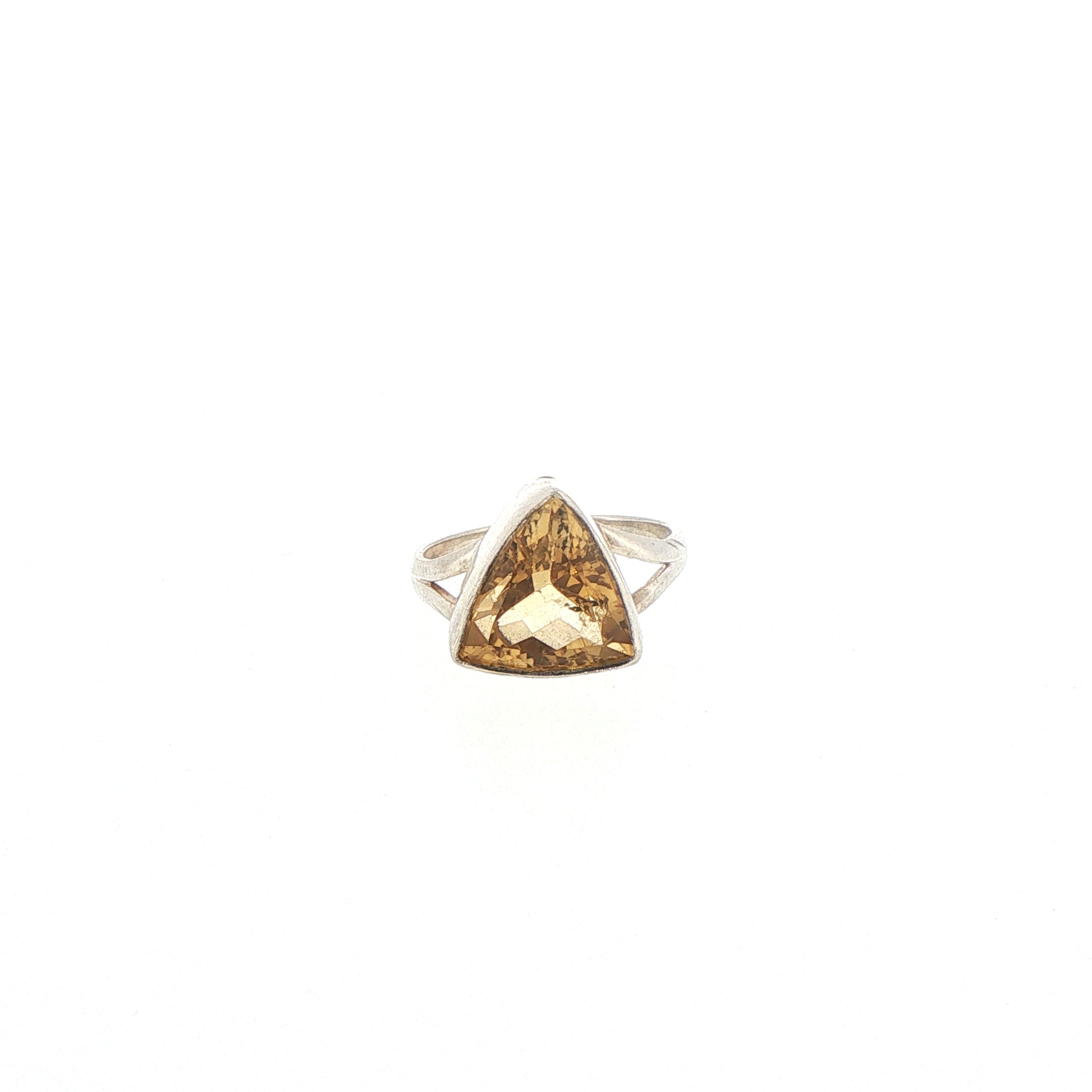 Trillion Cut Citrine Split Shank Solitaire Ring in Silver