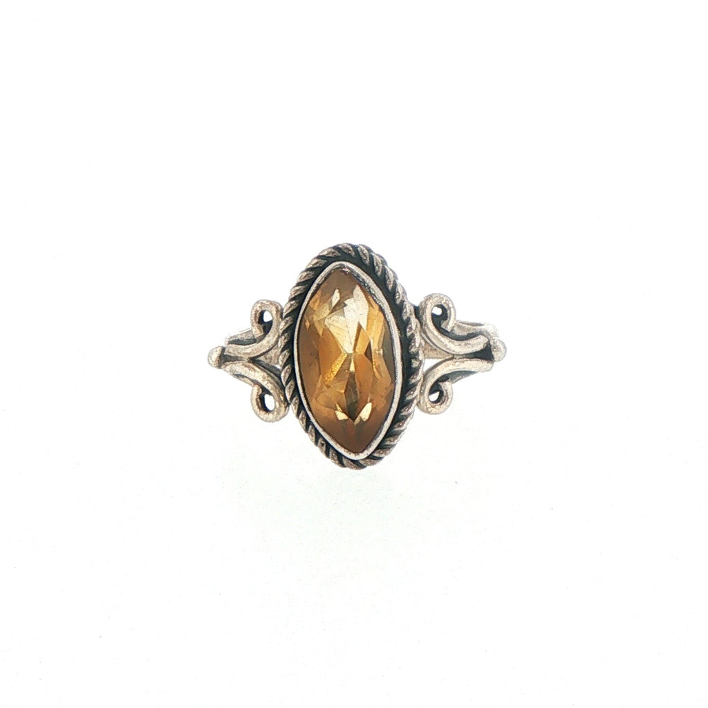 Marquise Citrine Silver Solitaire Ring with Scroll Detailing