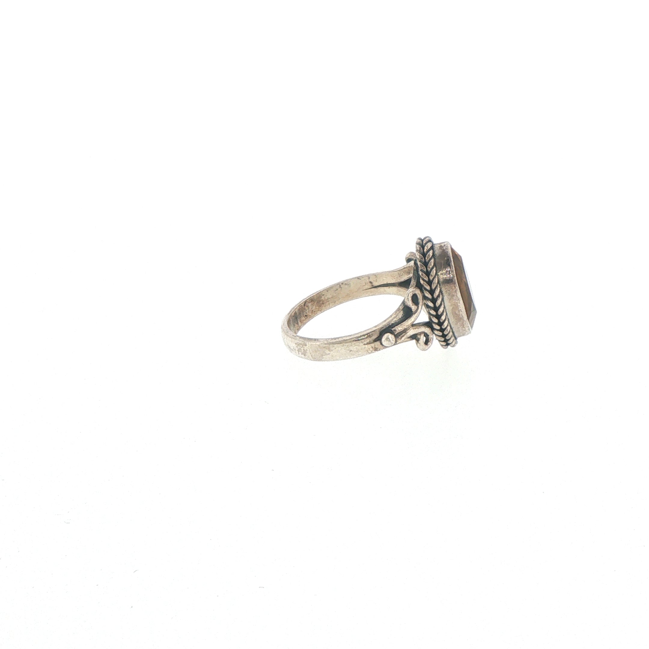 Marquise Citrine Silver Solitaire Ring with Scroll Detailing