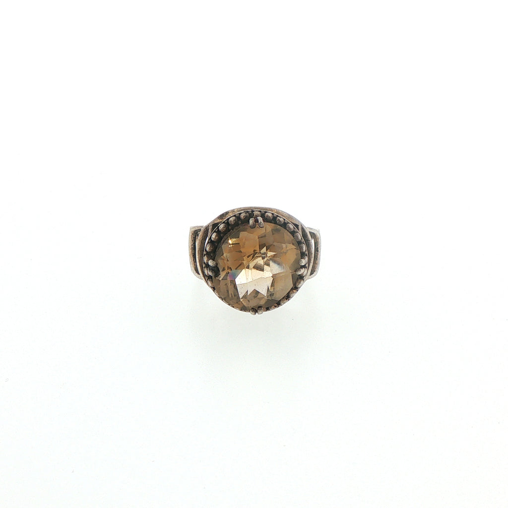 Silver Citrine Solitaire Ring with Beaded Detailing