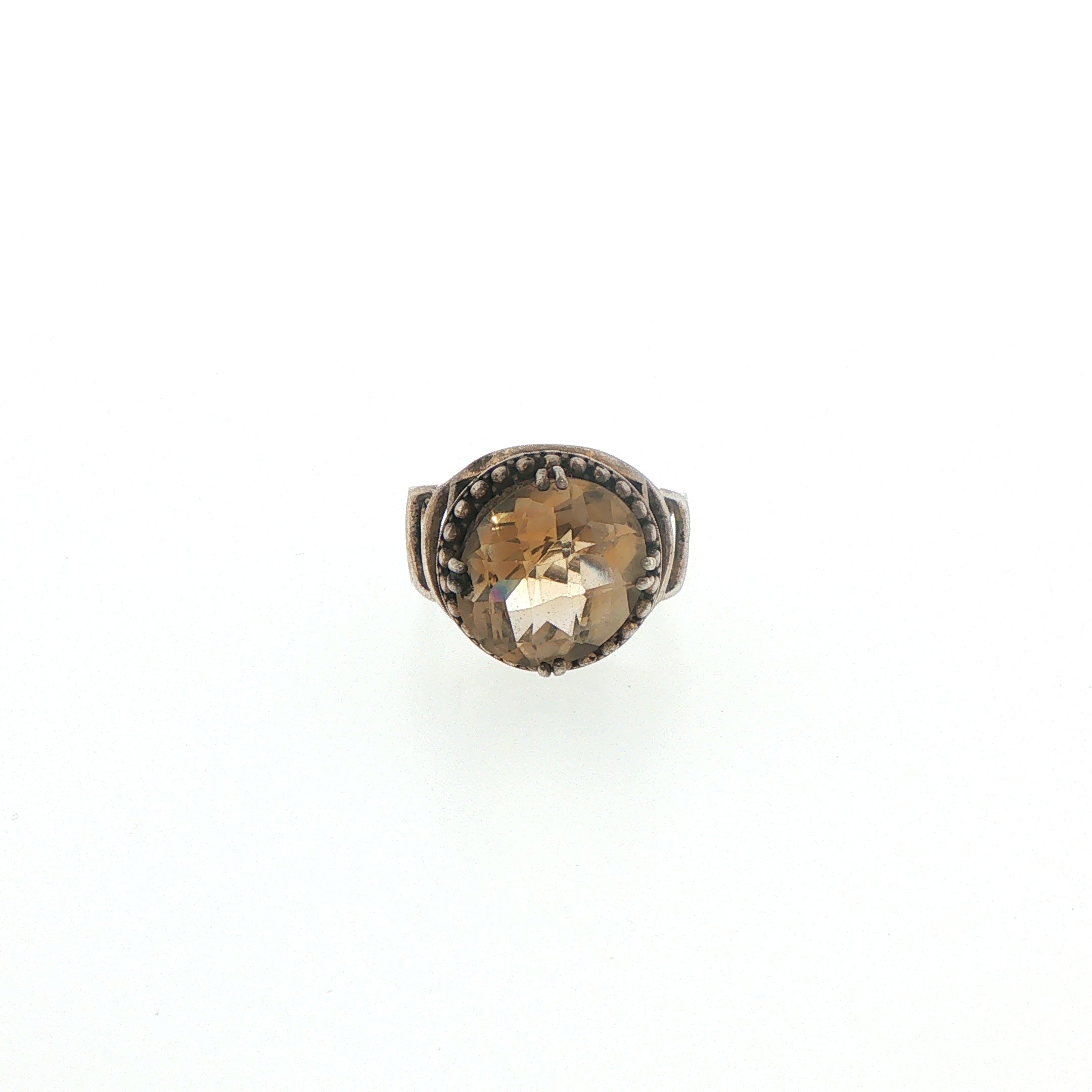 Silver Citrine Solitaire Ring with Beaded Detailing
