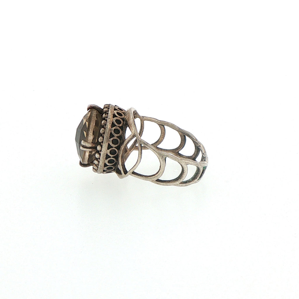 Silver Citrine Solitaire Ring with Beaded Detailing