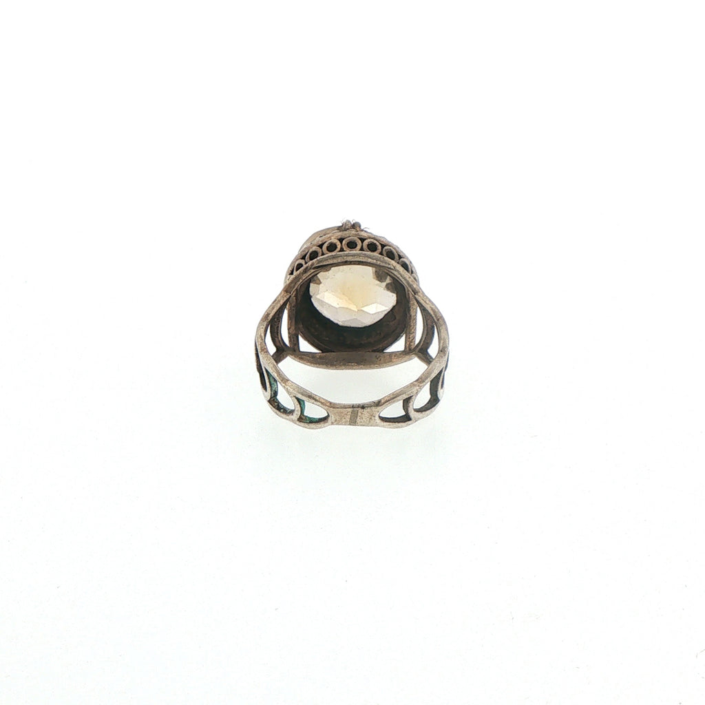 Silver Citrine Solitaire Ring with Beaded Detailing