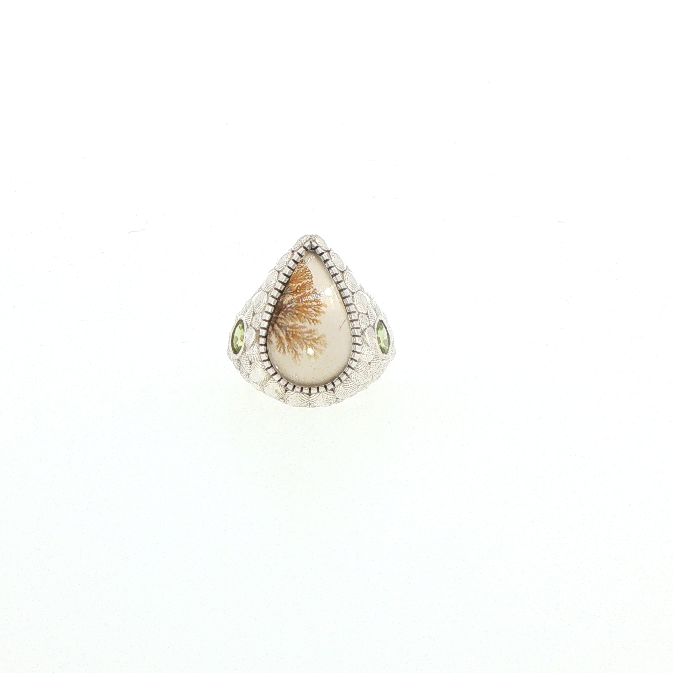 Pear-Shaped Dendritic Agate Cocktail Ring in Textured Silver with Peridot stones